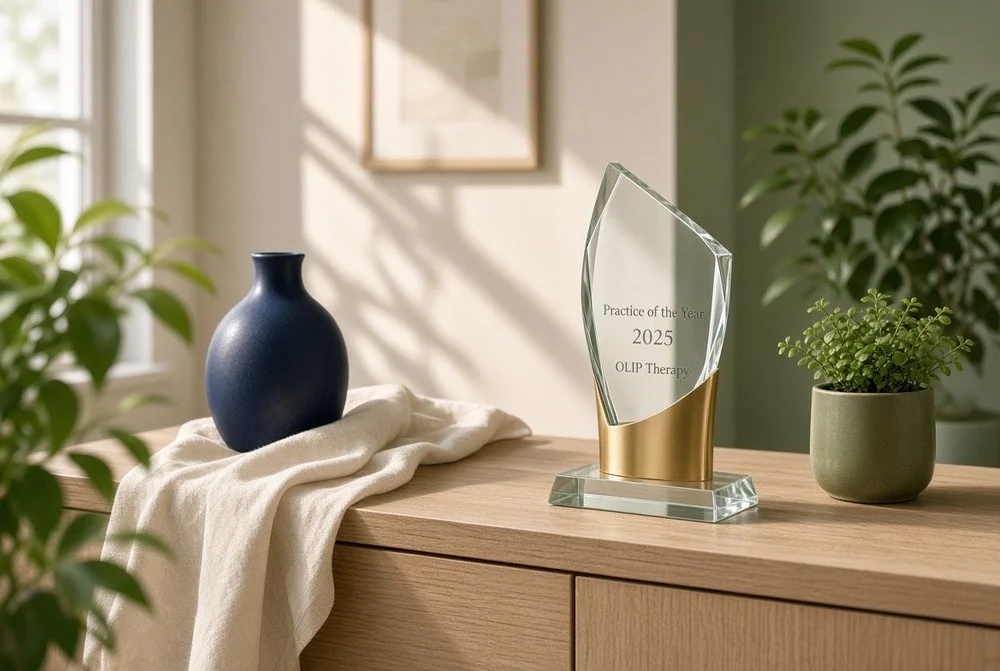 The Practice of the Year 2025 award won by OLIP Therapy, displayed at the practice in Fareham