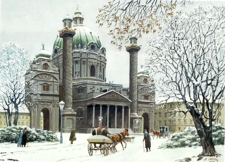A 1912 watercolour of St. Charles Church in Vienna in winter, with snow, horse-drawn carts and people walking