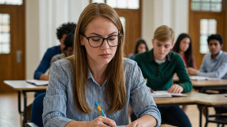 Student sitting an exam calmly in a hall