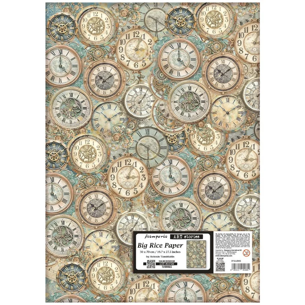 Stamperia - Gardens of Time - Large Rice Paper - 50 x 70cm - Clocks Pattern - DFSAJB005