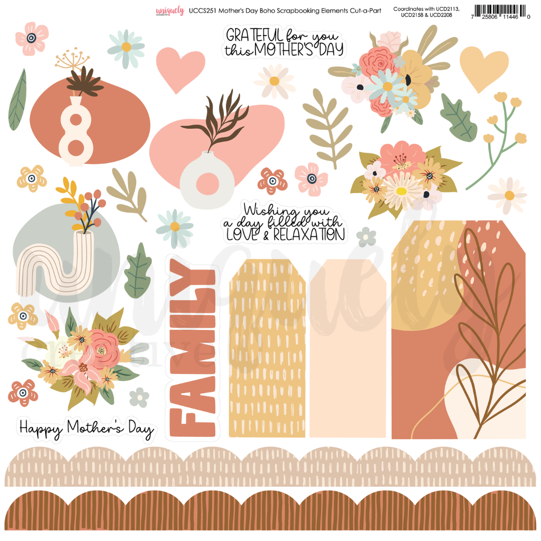 Uniquely Creative - Mother's Day - Boho Scrapbooking Elements Cut-a-Part Sheet - UCCS251