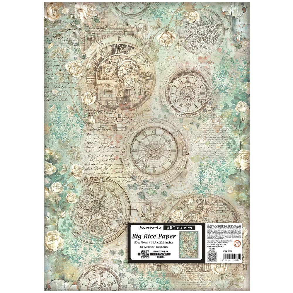 Stamperia - Gardens of Time - Large Rice Paper - 50 x 70cm - Clocks & Roses - DFSAJB007