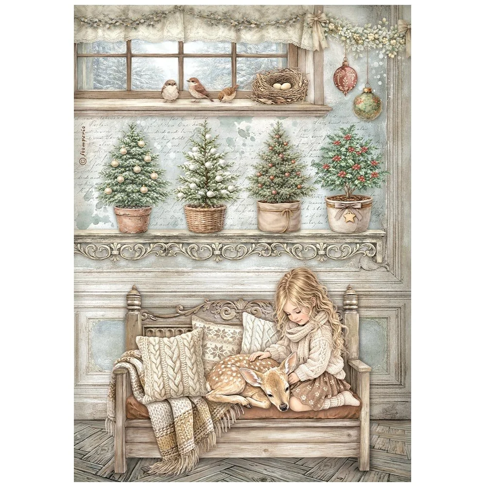 Stamperia - White Christmas - A4 Rice Paper - Little Girl & Fawn - DFSA41148