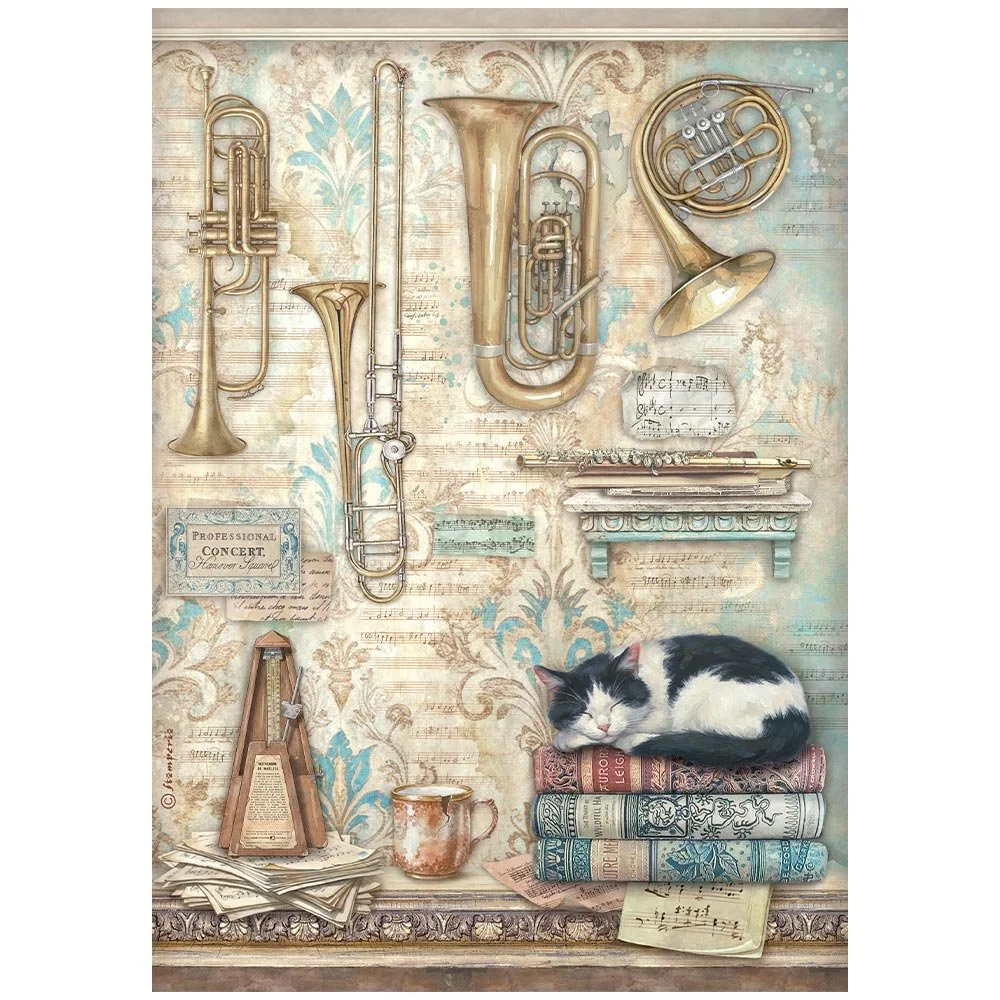 Stamperia - Symphony - A4 Rice Paper - Trumpets & Cats - DFSA41125