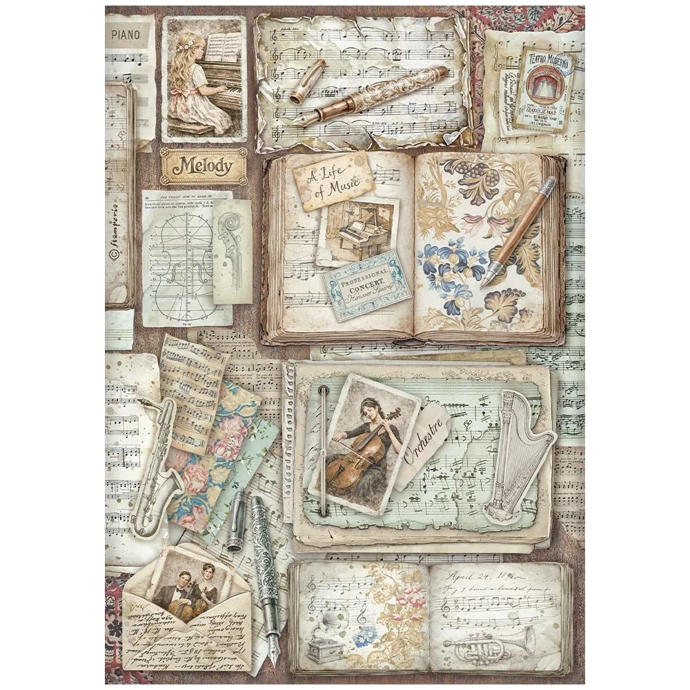 Stamperia - Symphony - A4 Rice Paper - Letters & Books - DFSA41128