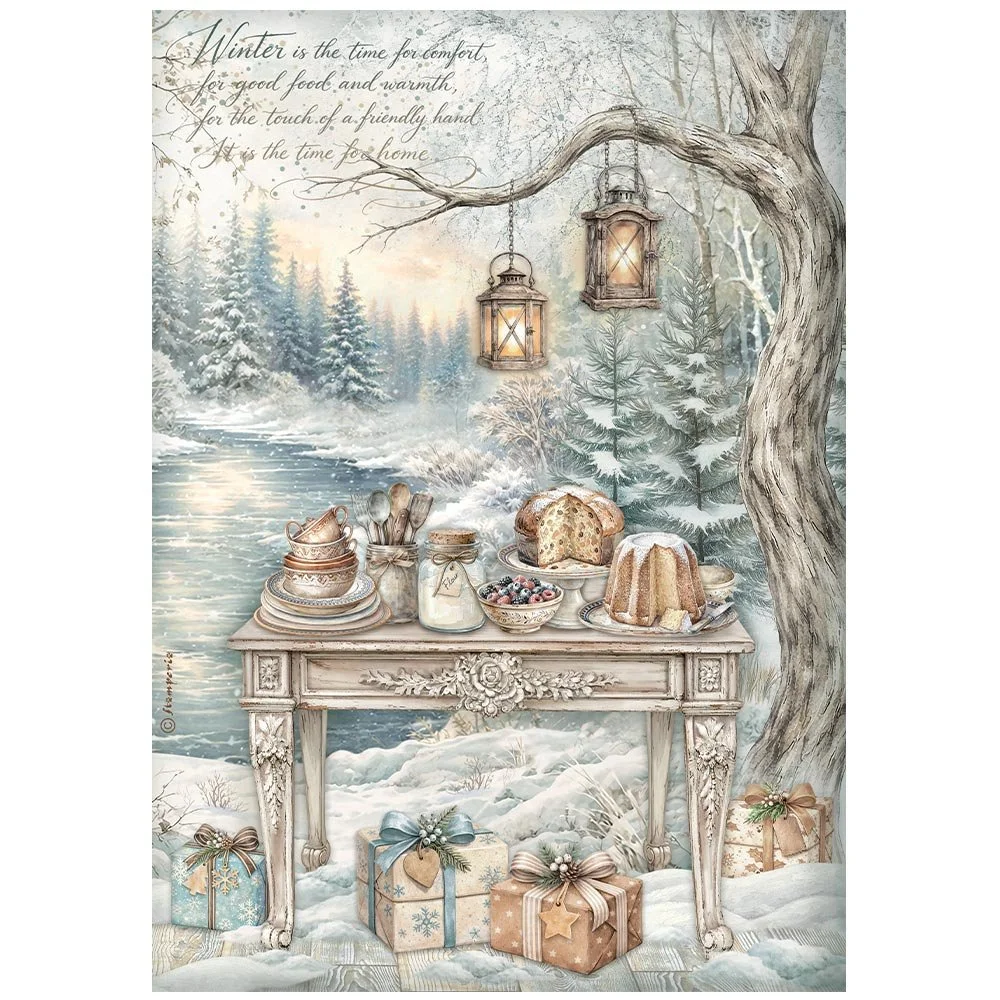 Stamperia - White Christmas - A4 Rice Paper - Festive Table by the Lake - DFSA41145