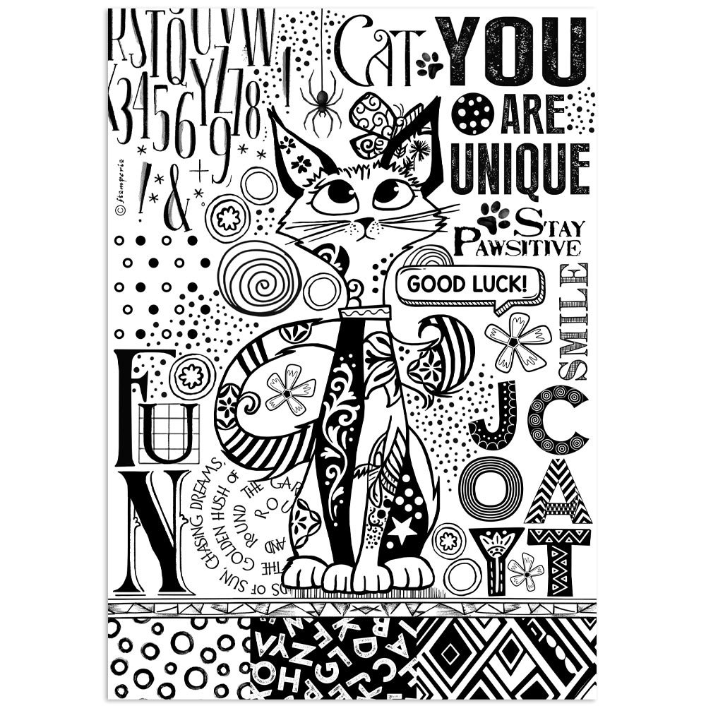 Stamperia - Furry Friends - A4 Rice Paper - Cat - Black/White Print - DFSA41099