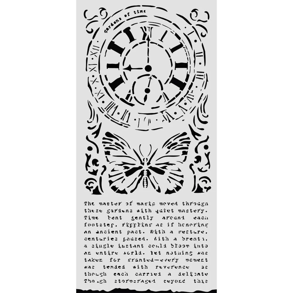 Stamperia - Gardens of Time - 12 x 25cm Stencil - Clock & Butterfly - KSTDL158