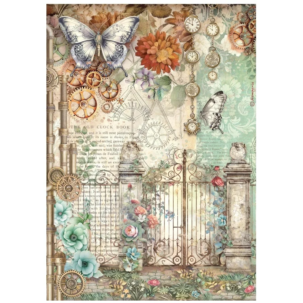 Stamperia - Gardens of Time - A4 Rice Paper - Gate & Butterfly - DFSA41115