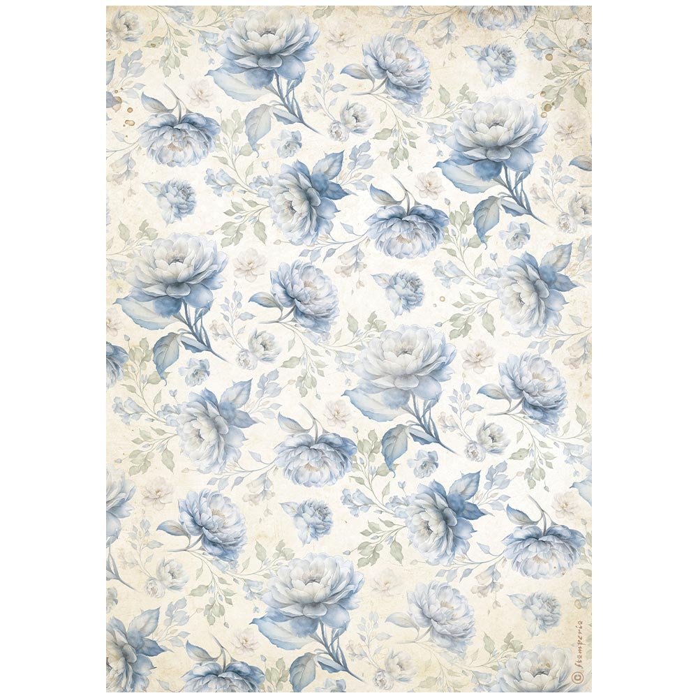 Stamperia - Timeless - A4 Rice Paper - Blue Flowers Pattern - DFSA41035