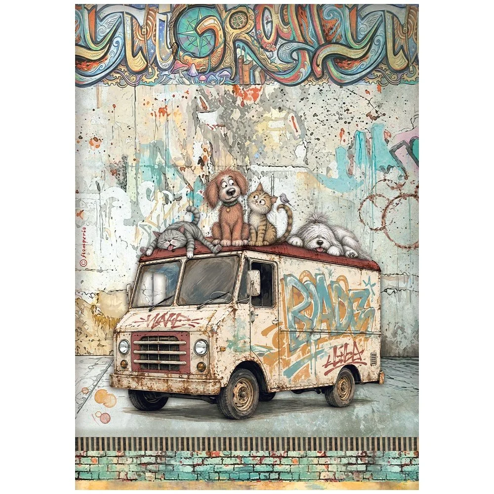 Stamperia - Furry Friends 2 - A4 Rice Paper - Beater Truck - DFSA41173