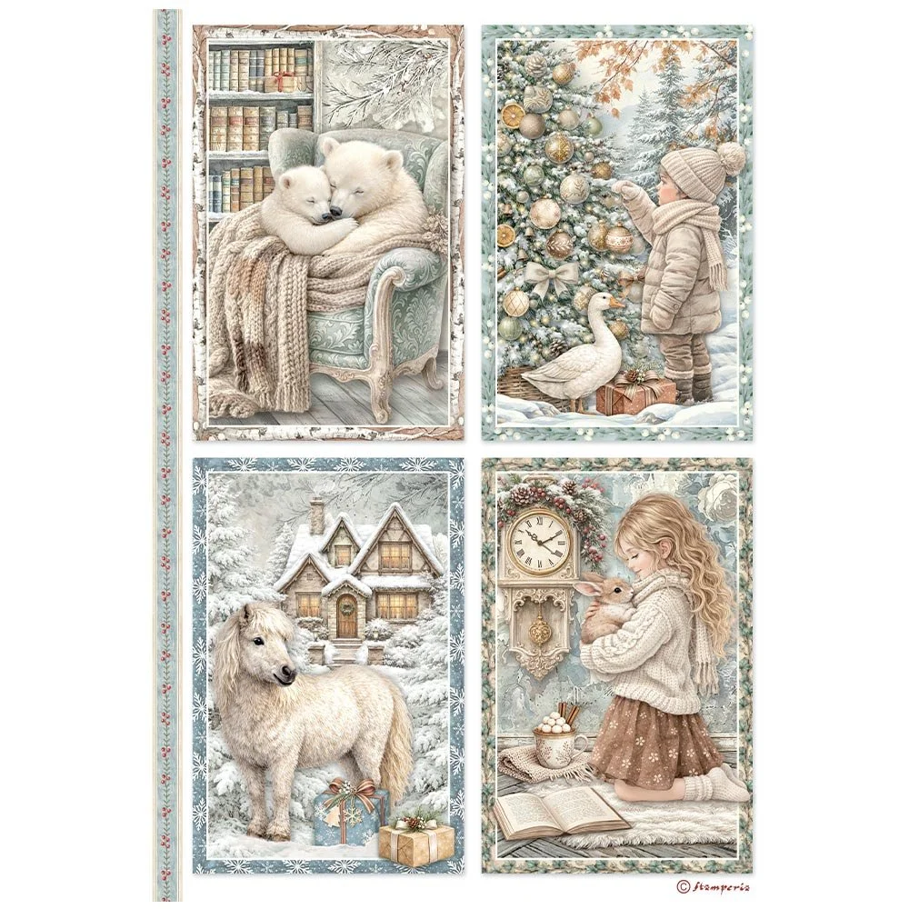 Stamperia - White Christmas - A4 Rice Paper - 4 Cards - DFSA41147