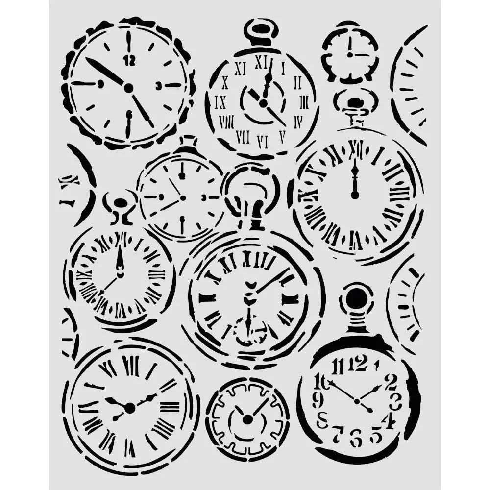 Stamperia - Gardens of Time - 20 x 25cm Stencil - Mixed Clocks - KSTD203
