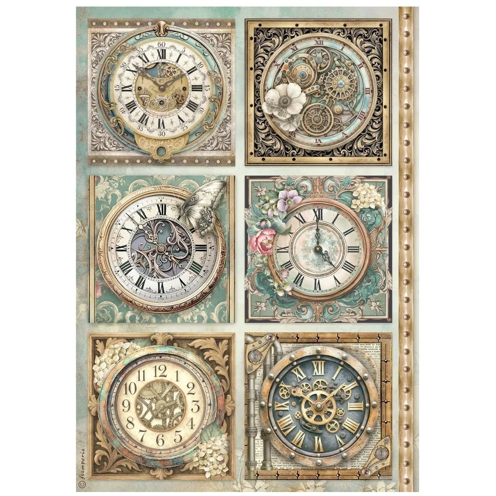 Stamperia - Gardens of Time - A4 Rice Paper - 6 Clocks - DFSA41111