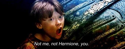 Screengrab of Harry Potter and the Chamber of Secrets, Ronald Weasly on top of a giant chess piece stating "Not me, not Hermione, you."