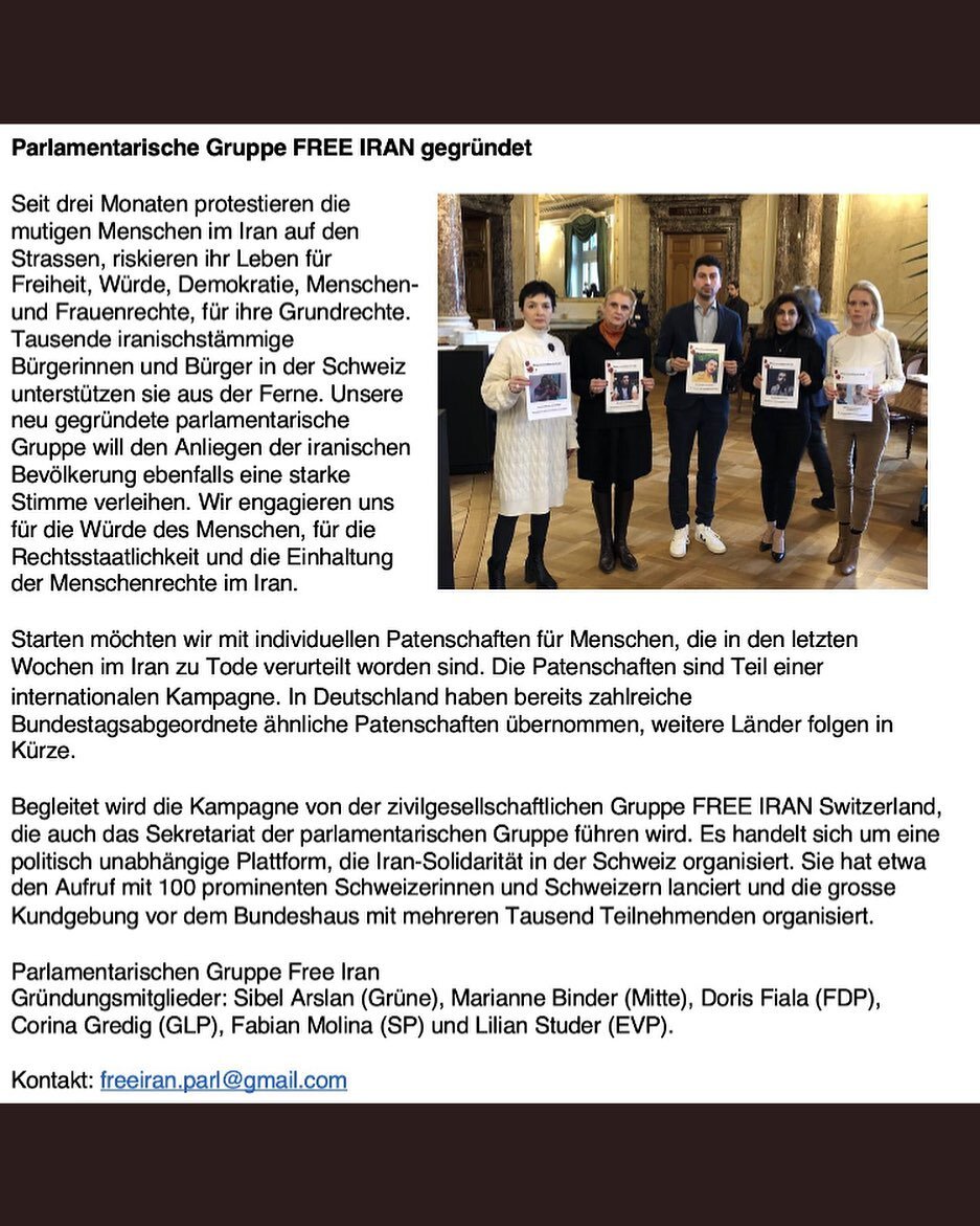 Medienmitteilung: Parlamentarische Gruppe #FreeIran in der Schweiz gegr&uuml;ndet (s.u.)

Gr&uuml;ndungsmitglieder:
@sibelarslanbs @marianne_binder @dorisfiala @fabianmolinanr @lilianstuder @corinagredig 

Weitere Informationen folgen.

#StopExecutio