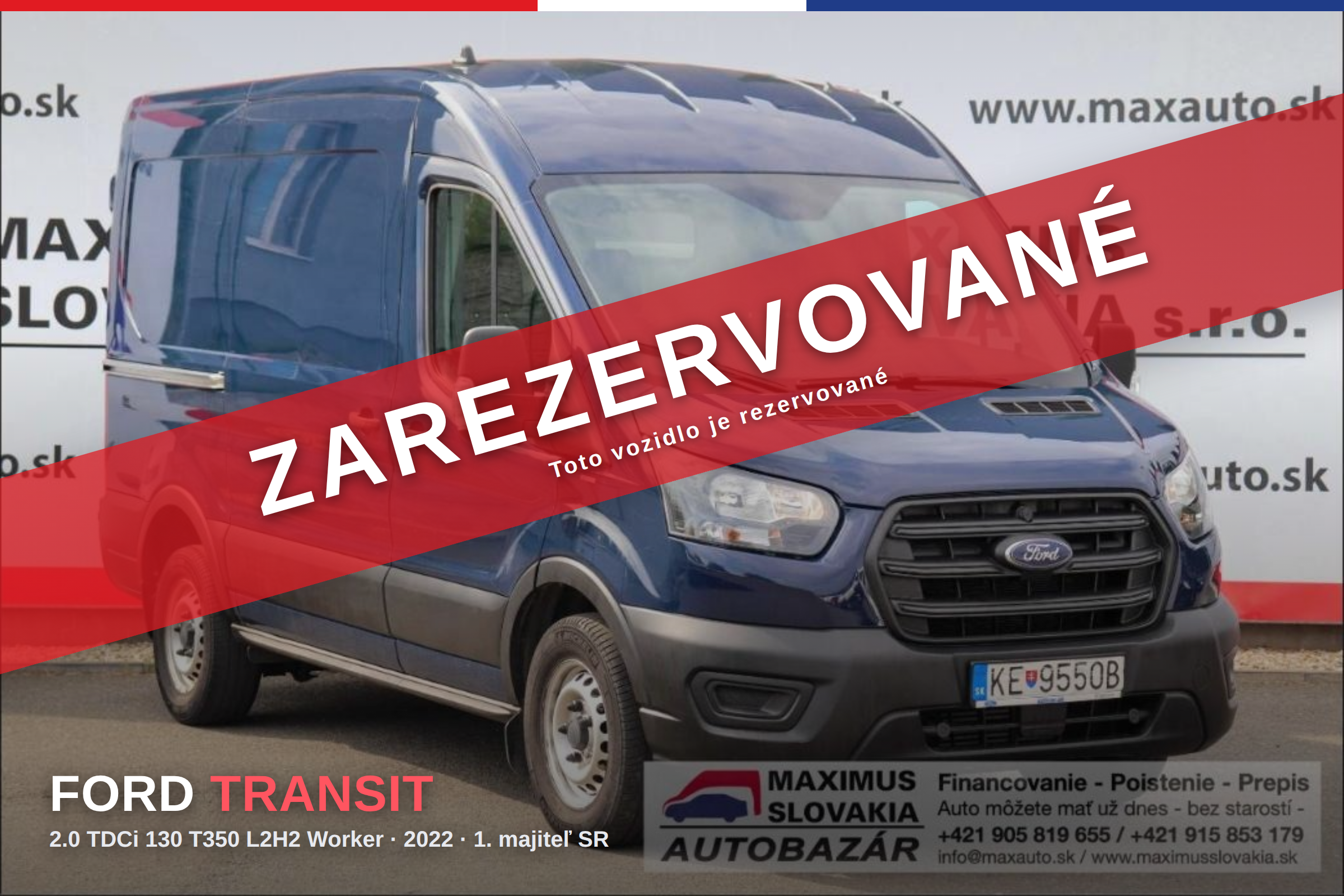 *REZERVOVANÉ* Ford Transit 2.0 TDCi 130 T350 L2H2 Worker | 2022 | 1. majiteľ SR | 123 tis. km | STK do 02/2028