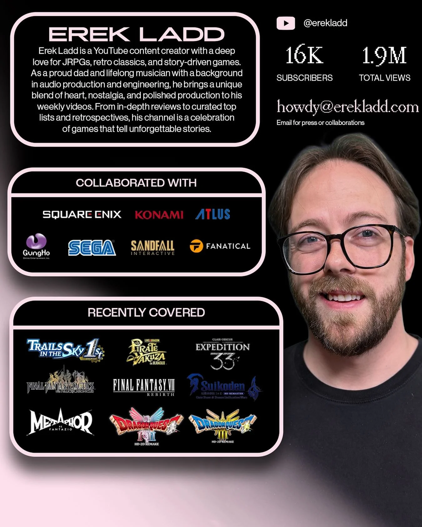 This is my digital Save Point 💾(&amp; a quick reintro! 👋) 
I make YouTube videos about JRPGs&mdash;new and old🕹️
I&rsquo;m also a freelance video editor 🎥 and podcast producer 🎤 
Always up for collabs, quests, or side missions. 🤝
howdy@erekladd