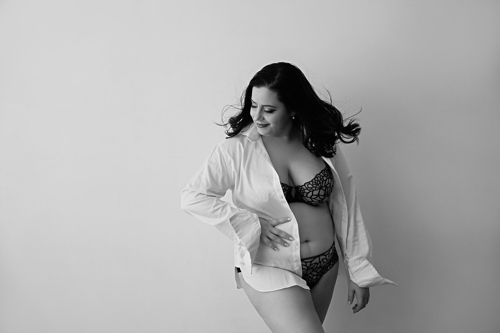 Black and white boudoir Geelong photographer white shirt woman studio (Copy)