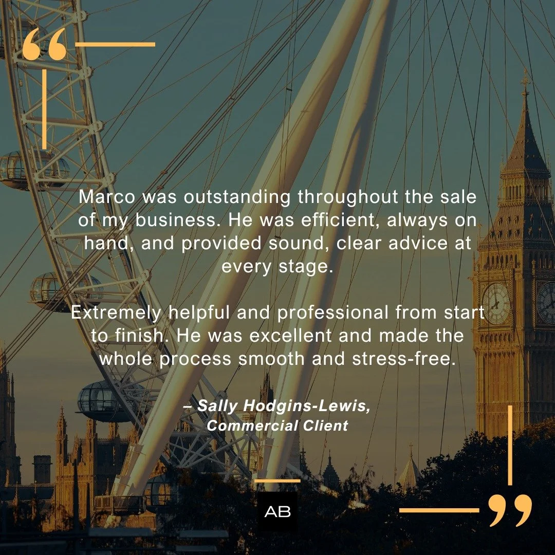 Sally Hodgins-Lewis recently shared her experience of working with Marco Difato on the sale of her business, perfectly reflecting the standard you can expect when you work with Adam Benedict.

Marco was described as efficient, always on hand, and con