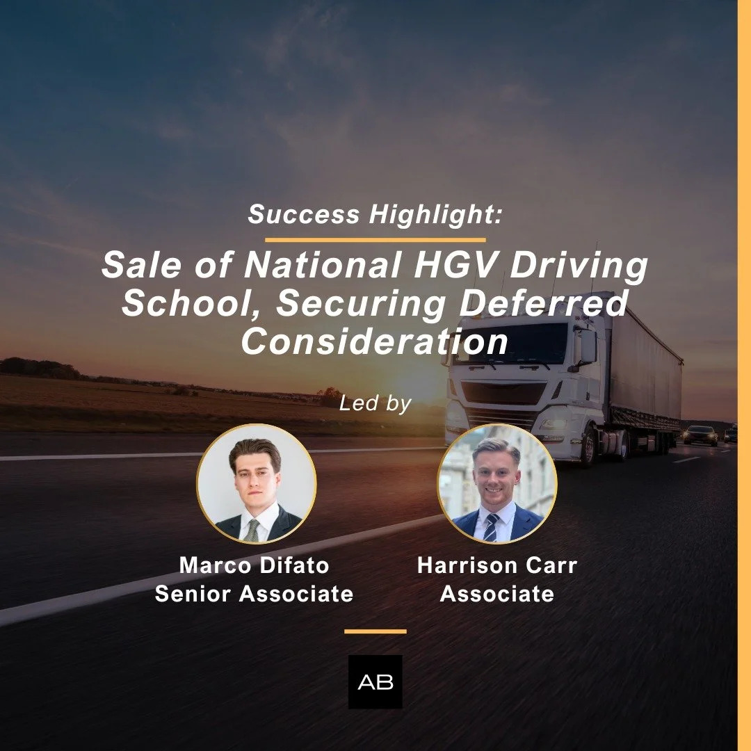 A strong outcome for our Corporate team.

We recently advised on the seven-figure sale of a national HGV driving school, acting for the sellers. Led by Marco Difato and Harrison Carr, the deal included deferred consideration payable after completion.