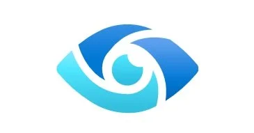 Stylized blue eye logo with swirling design elements.