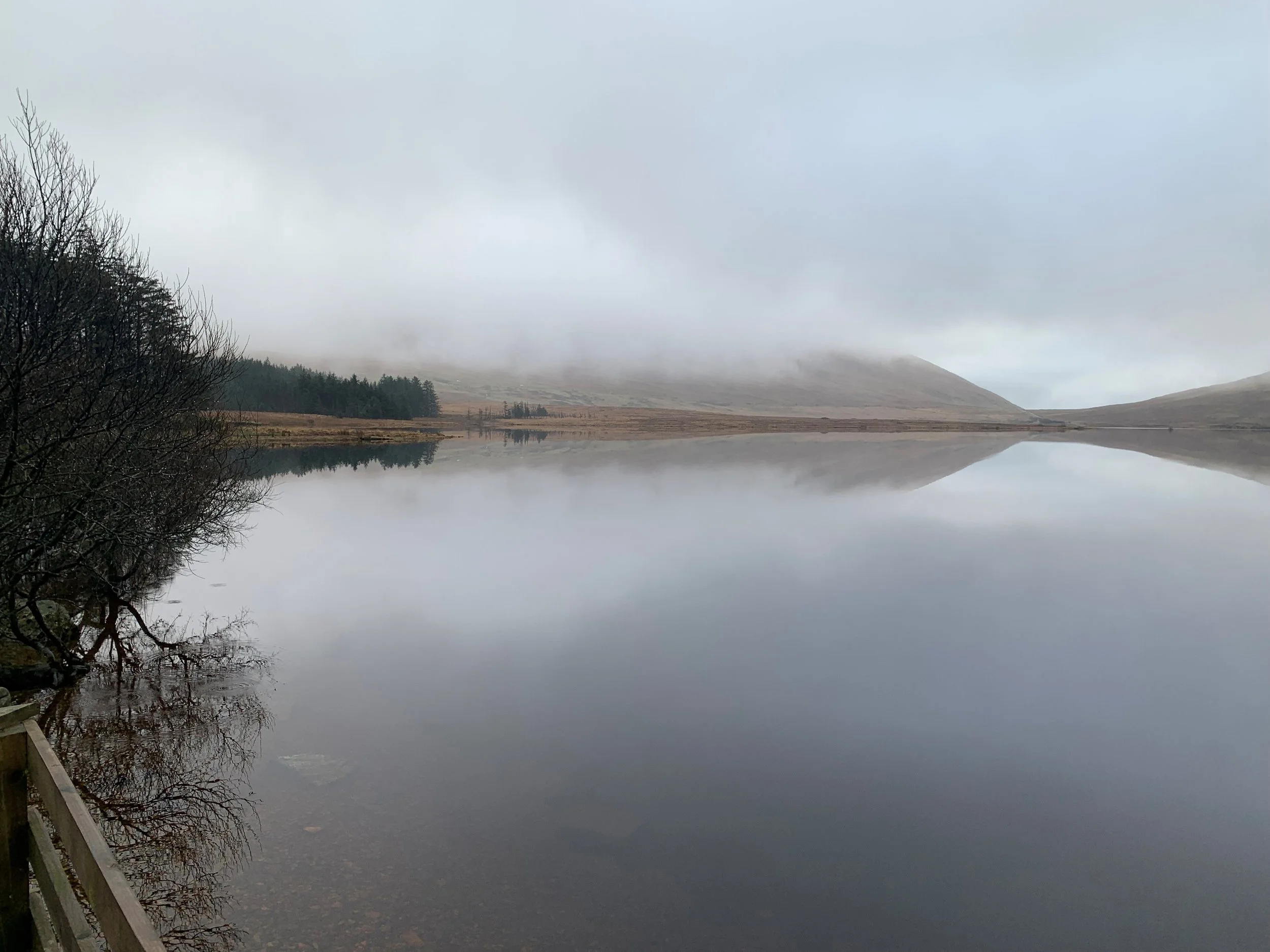A tranquil lake with a calm, reflective surface, surrounded by foggy hills and sparse trees along the shoreline.