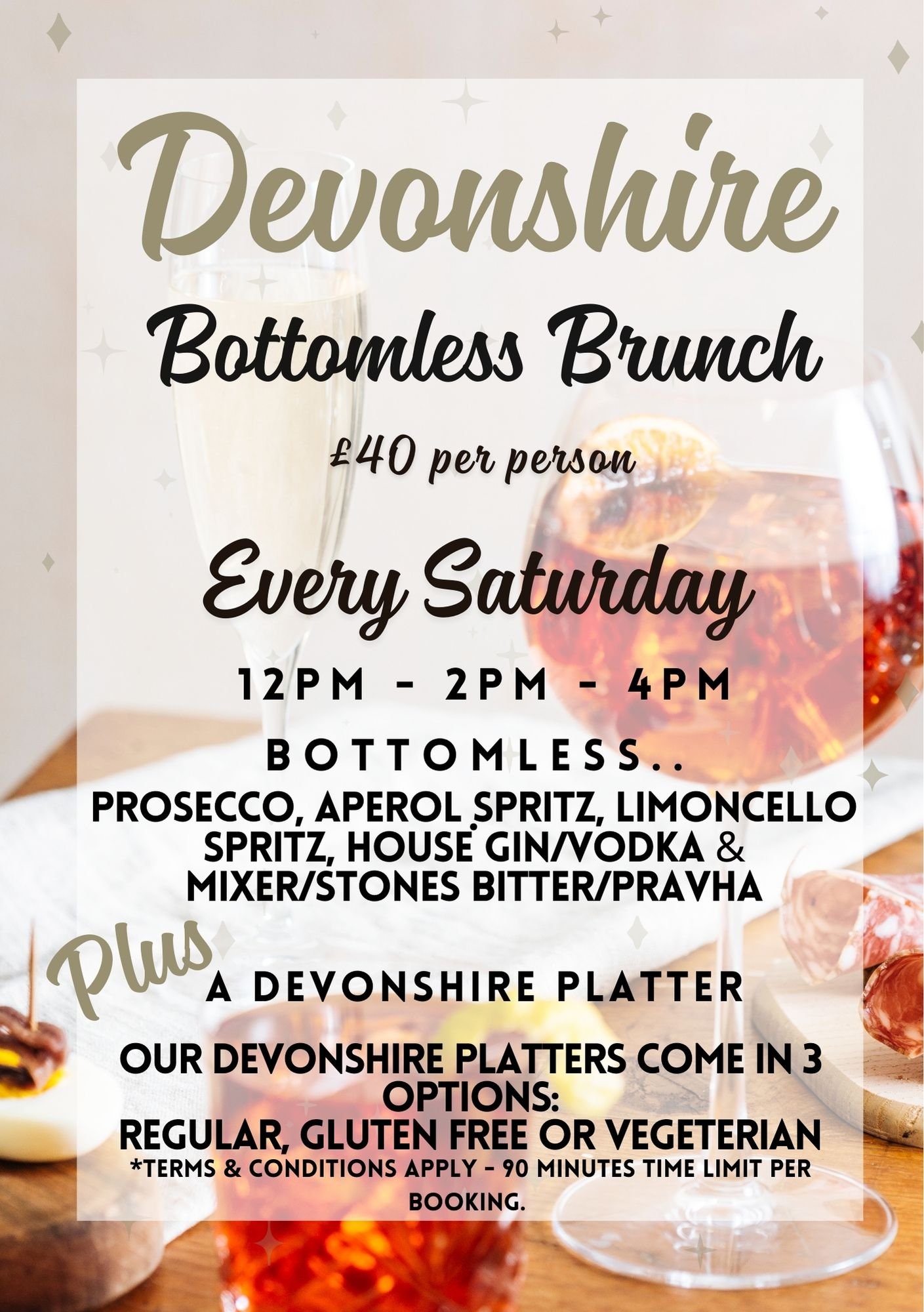 Event poster for a bottomless brunch at Devonshire, featuring champagne and cocktails, every Saturday from 12pm to 4pm, with optional Devonshire platters in regular, gluten-free, or vegetarian options.