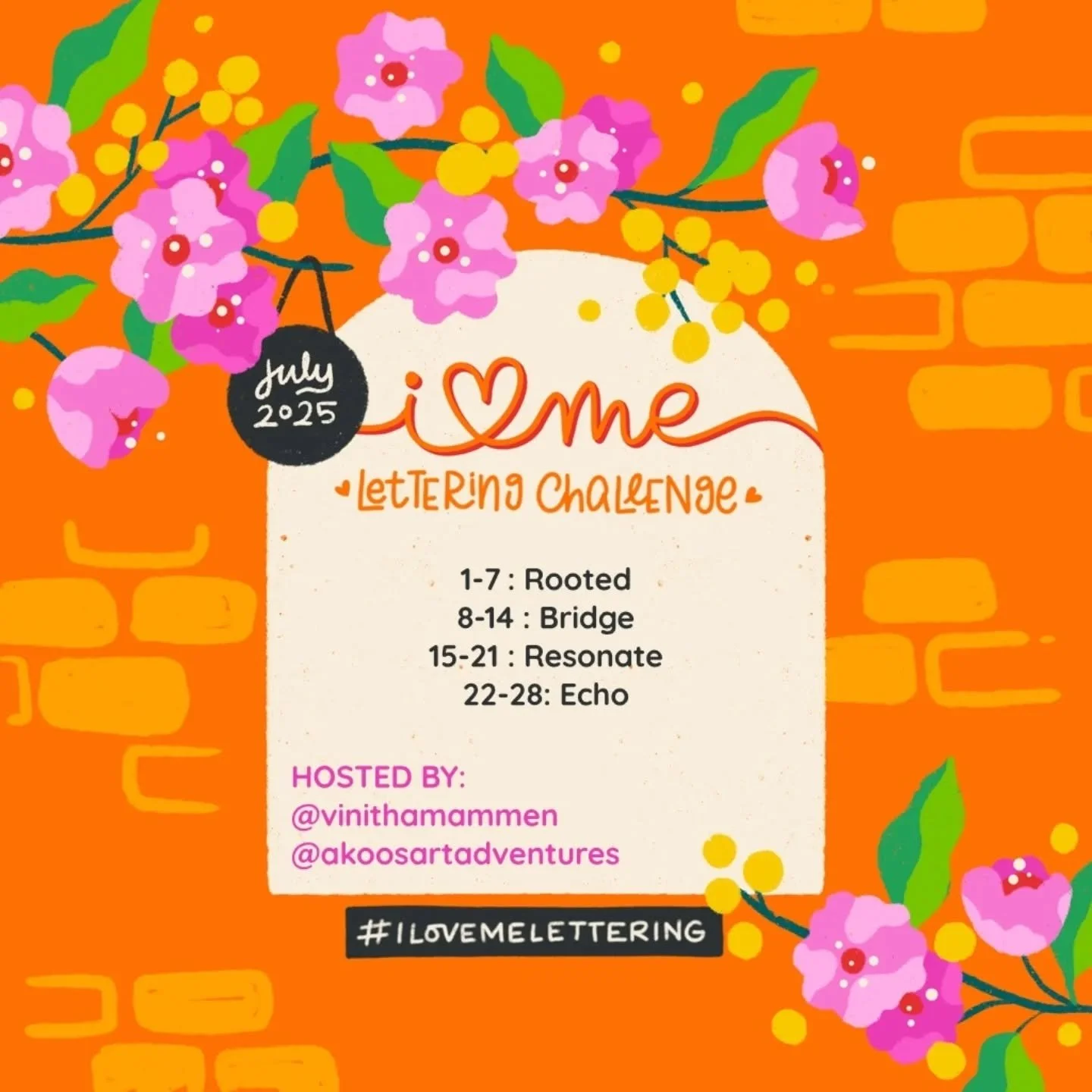 I Love Me Lettering prompts for July are here! ✨ 

Create a lettering piece each week of July using the words as it is or within a quote/phrase. Don't forget to include the prompt list in your post, use the hashtag #ilovemelettering and tag us hosts 