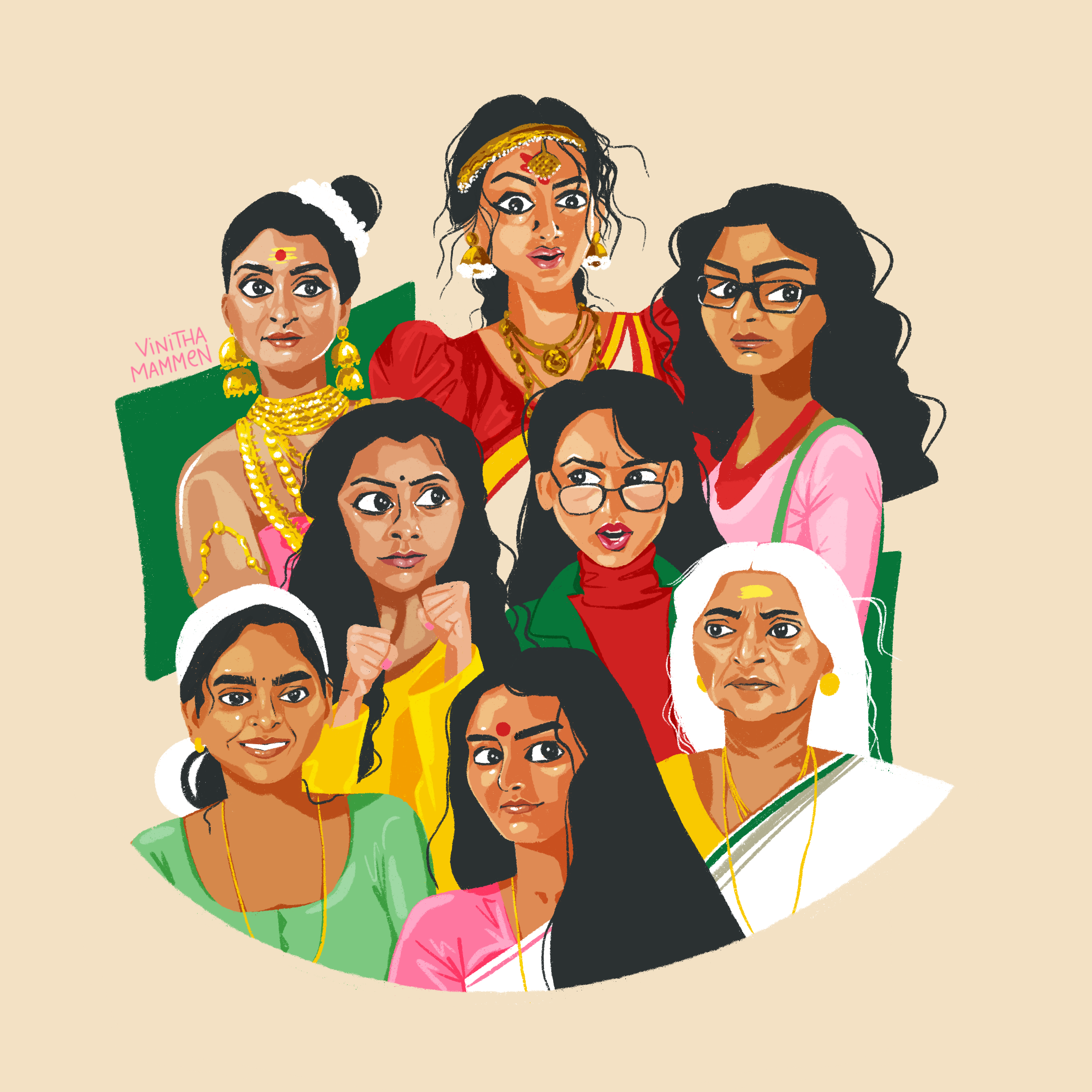 portrait illustration composition of iconic strong female women characters in malayalam indian cinema