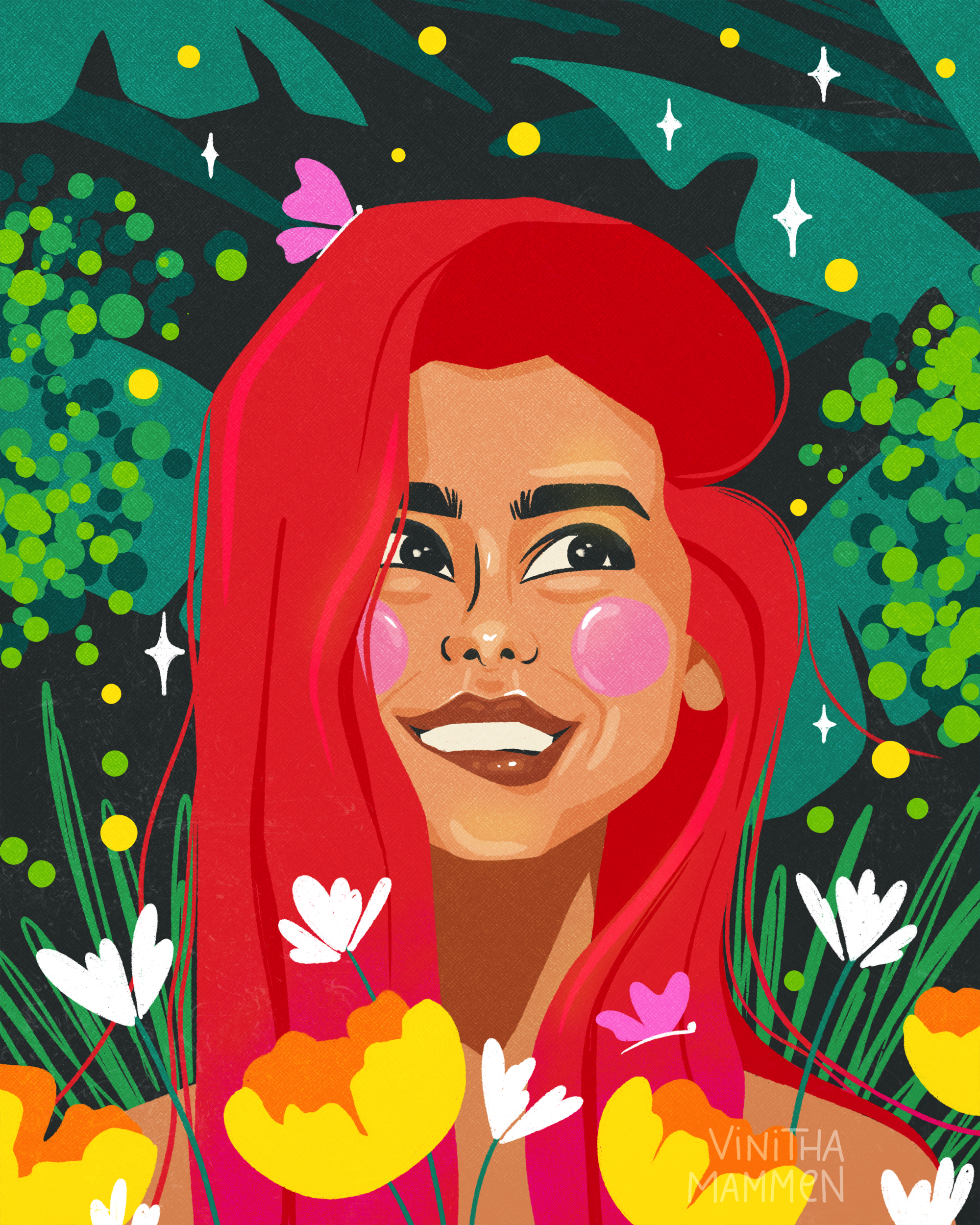 digital illustration of red haired woman surrounded by tropical leaves and flowers
