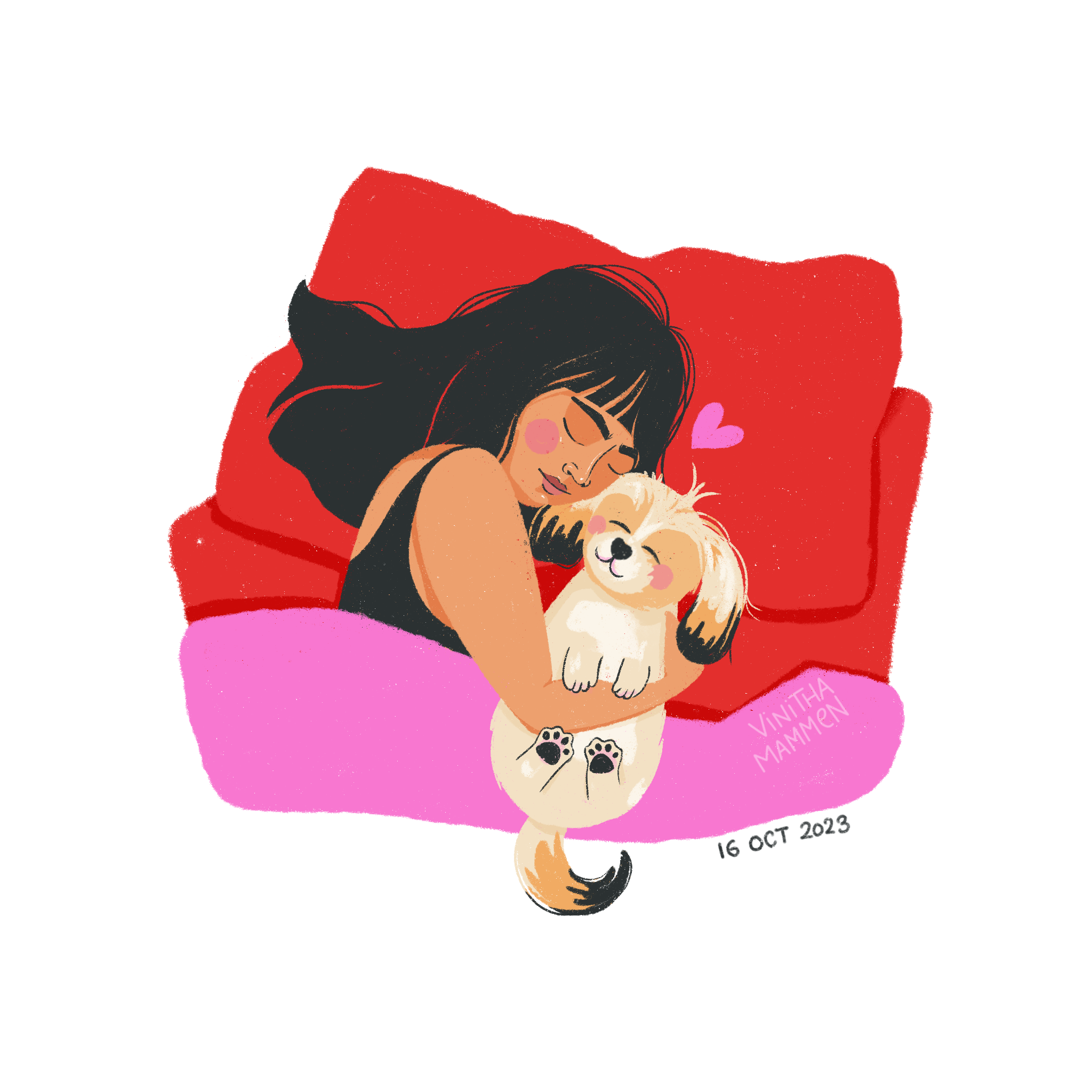 illustration of woman with black wavy hair with fringe cuddling a shih tzu puppy on the bed, with red pillows and a cozy pink duvet