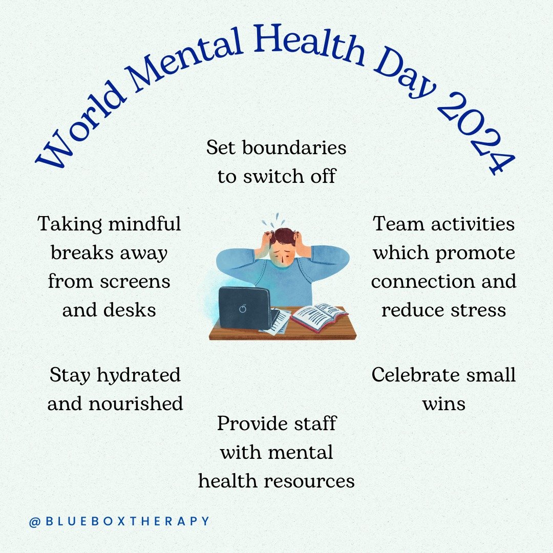 ✨World Mental Health Day 2024✨

The theme this year focuses on work-place mental health and what can be done to help prevent burnout 🙅

A mentally healthy workplace is a thriving workplace. Here are some tips to help look after your mental health at