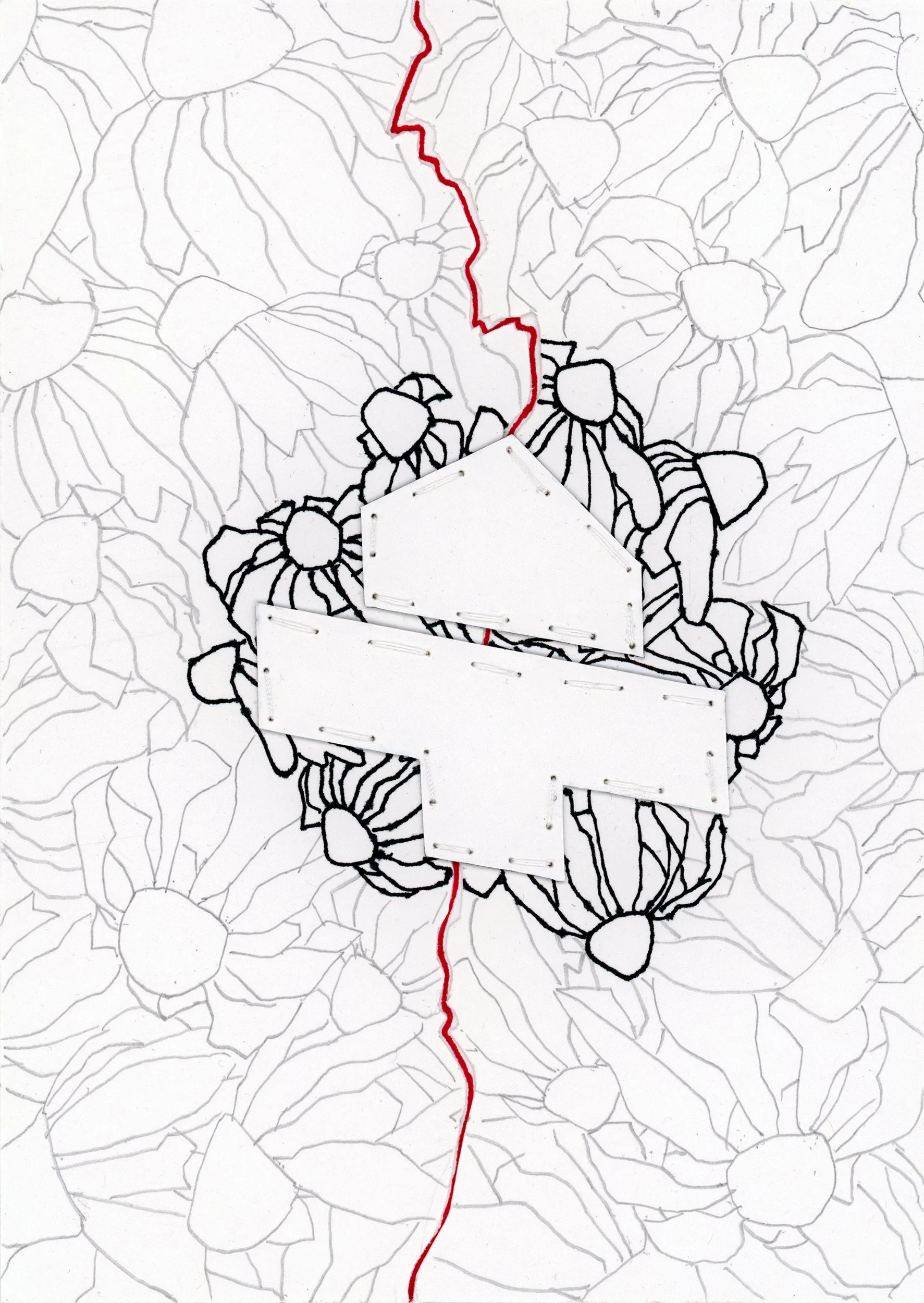 5" x 7", ink, thread, and pencil on paper