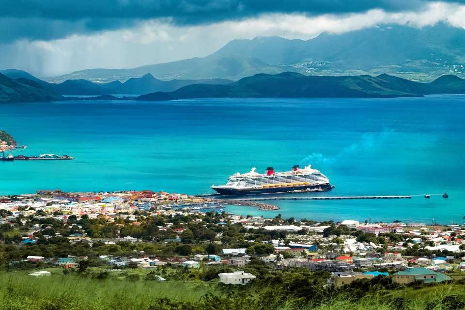 A cruise ship docks off the Caribbean coast