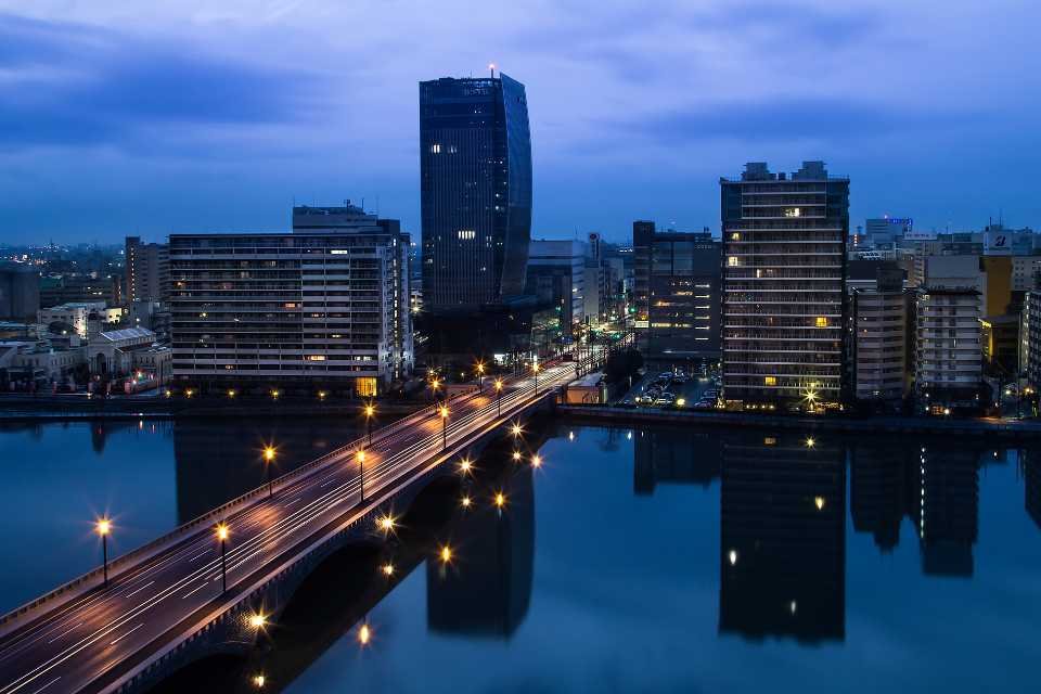 A bridge crosses the river in Niigata, Japan