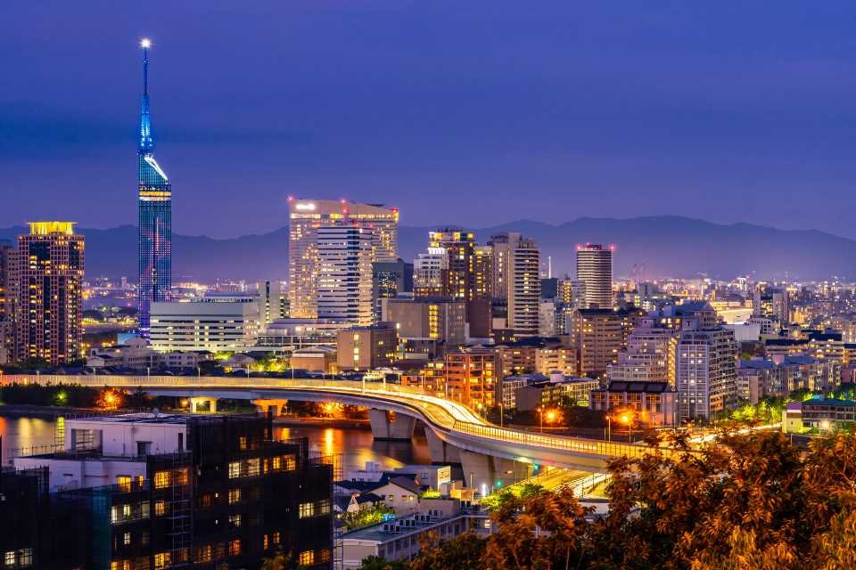 The Japanese city of Fukuoka at night