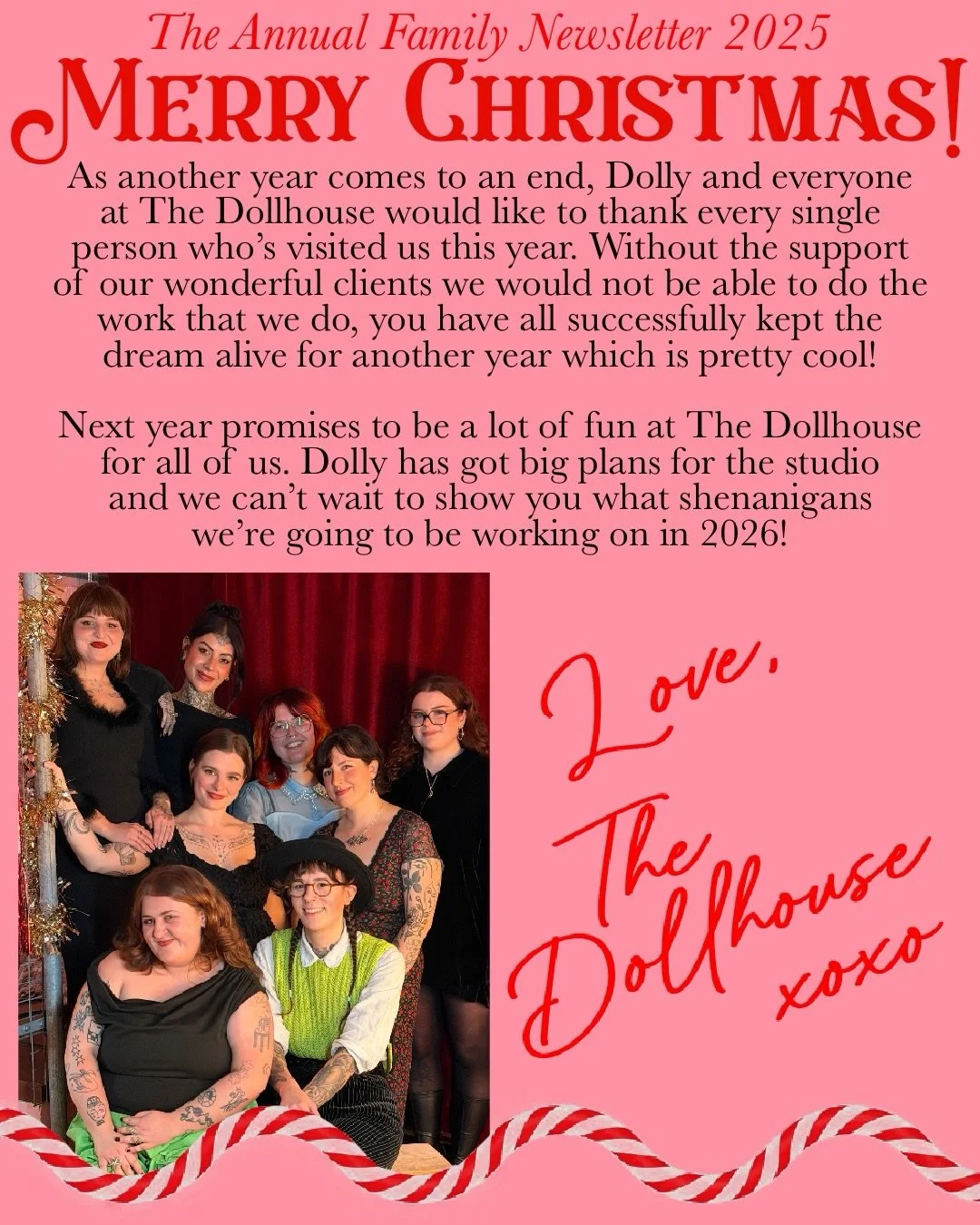 wishing you a very merry christmas and a happy new year from all of us at The Dollhouse. we just want to say a huge thank you to everyone who made this year so fun for us, we love you 🎀🩷🌸 (swipe to see the greatest picture of Dallas ever)
