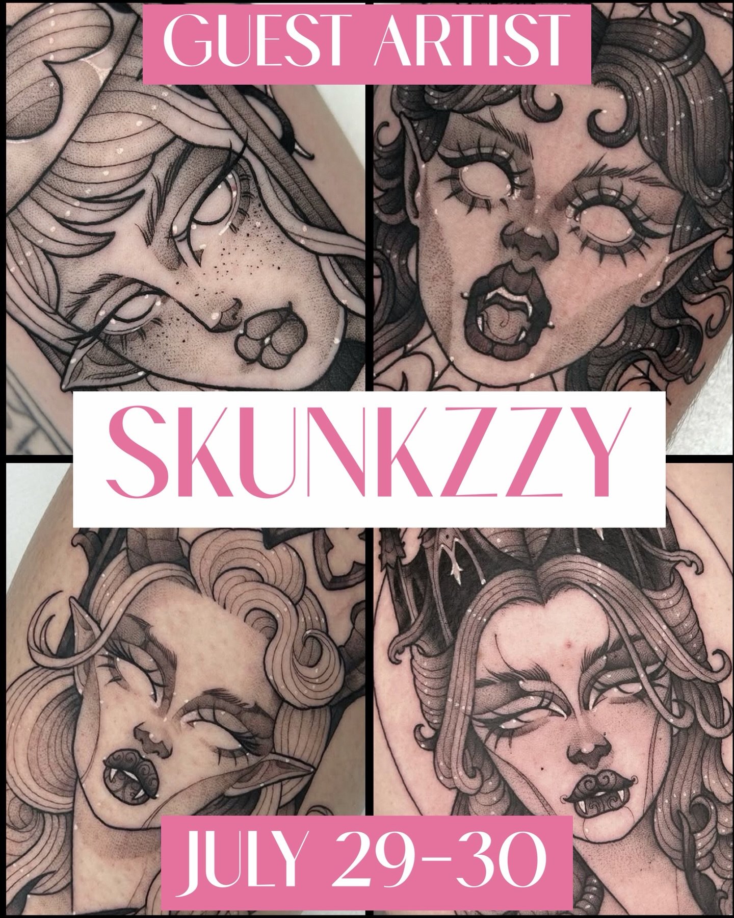 we are absolutely buzzin to have @skunkzzy with us in summer! do not miss out on the opportunity to get an amazing tattoo when she's here. please contact her directly to book in babes 🩷