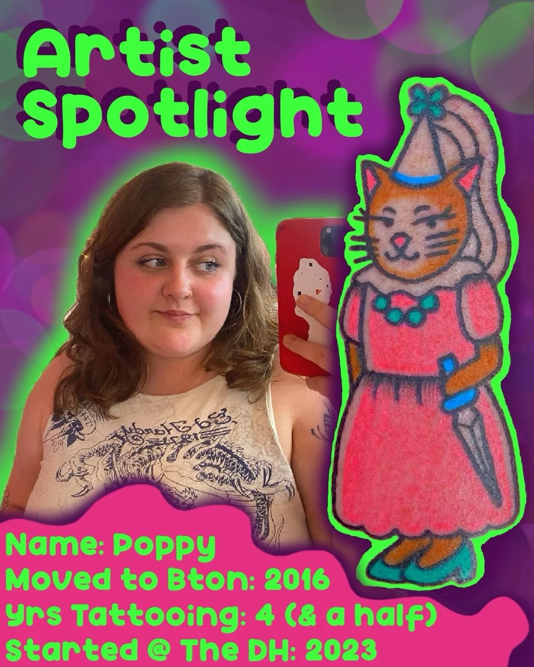💜 meet Poppy (she/her) @sweetdivinettt 
💜 resident cinephile
💜 trad queen but make it cute
💜 50% of the DH beliebers
💜 only person in the UK who actually watches the Oscars in real time

#tattoo #brighton #brightontattooartist #brightontattoo