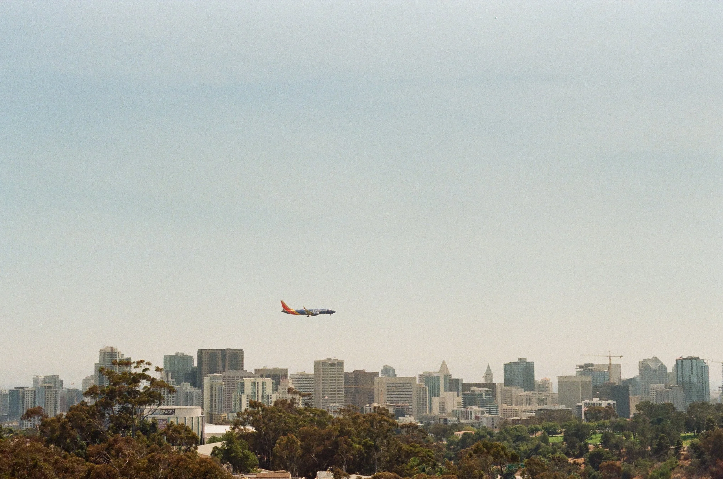 An airplane flying over a city skyline with tall buildings and trees in the foreground on a clear day.