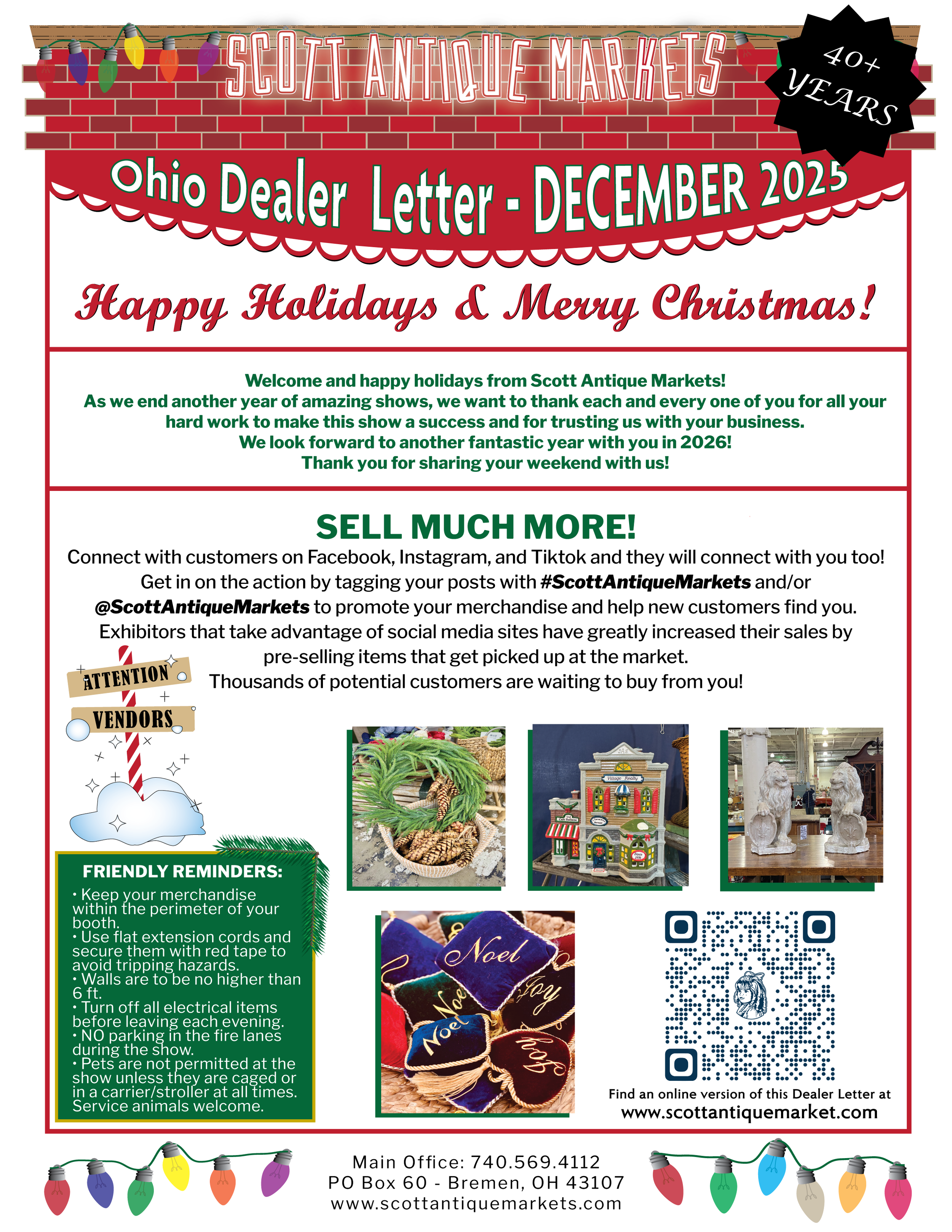 Decorative flyer for Scott Antique Markets, celebrating over 40 years, with festive holiday and Christmas themes, including colorful lights, ornaments, and images of vintage items and holiday decorations, with information about the December 2025 Ohio Dealer Letter and holiday wishes.