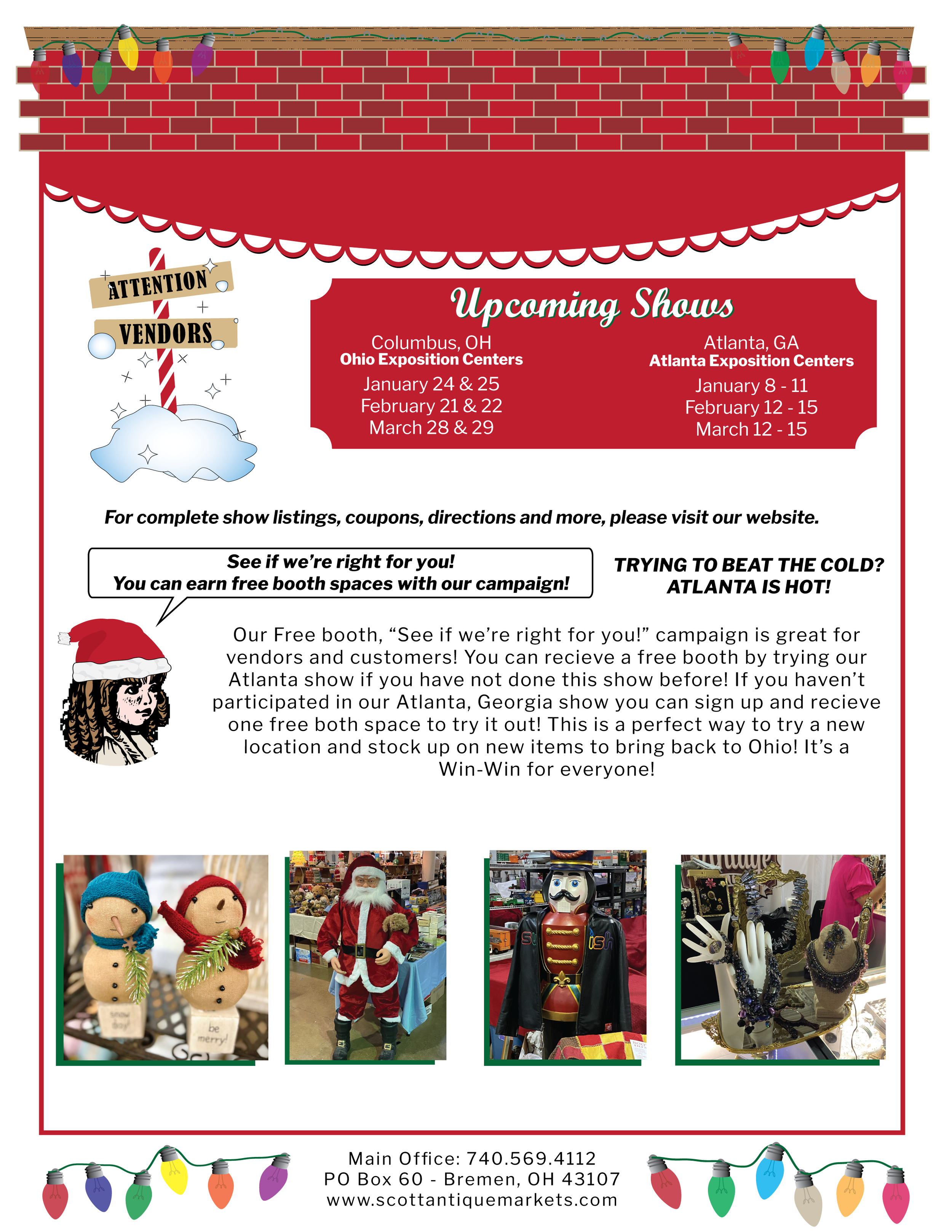Flyer for upcoming holiday shows at Ohio and Georgia Exposition Centers with event dates in January, February, and March. Contains Christmas decorations, including lights at the top and bottom, snowmen, a Santa figure, a nutcracker, and jewelry at a booth inside.