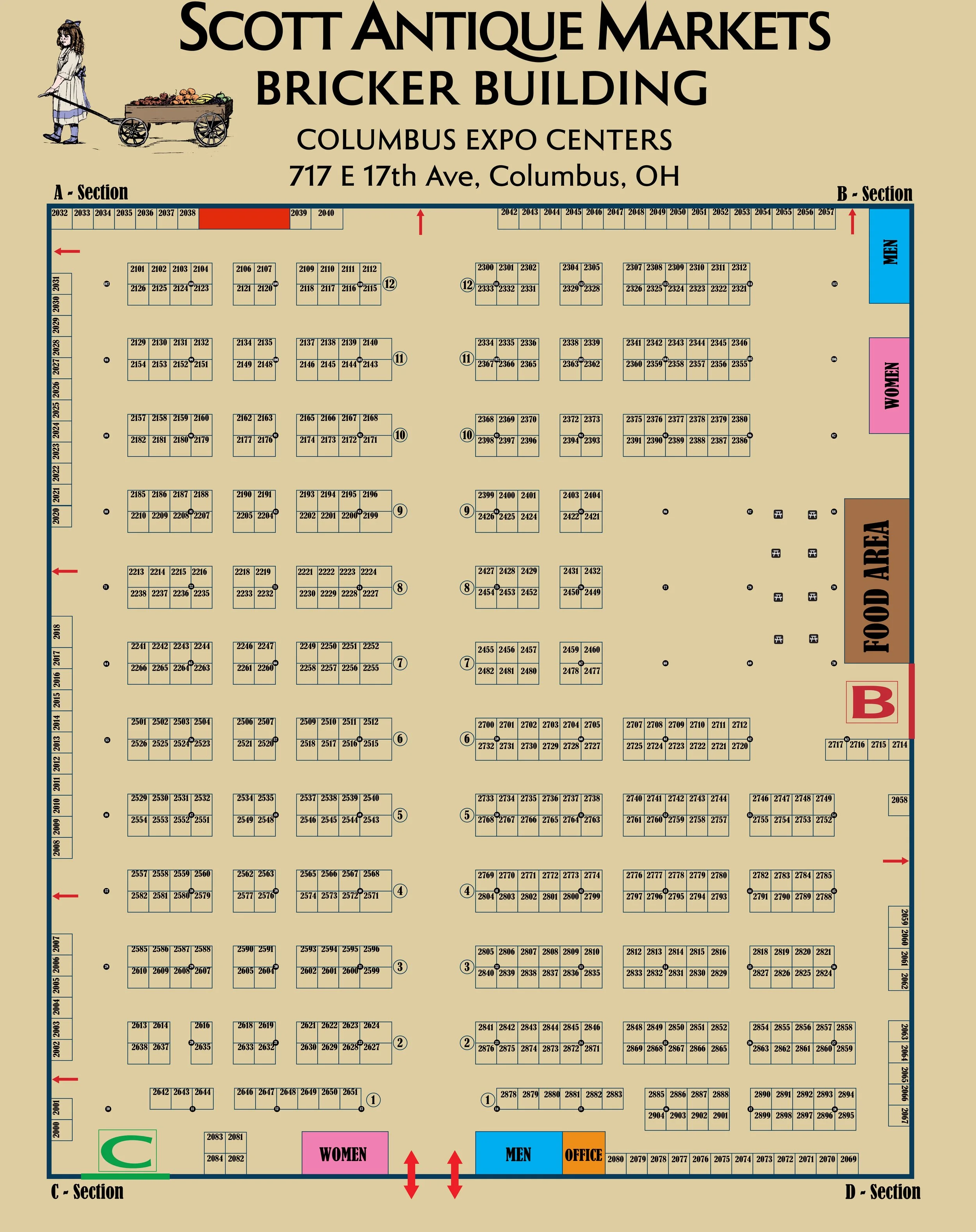 Floor plan map of Scott Antique Markets Bricker Building, Columbus Expo Centers, showing sections, booths, and color-coded areas for men, women, food, and office.