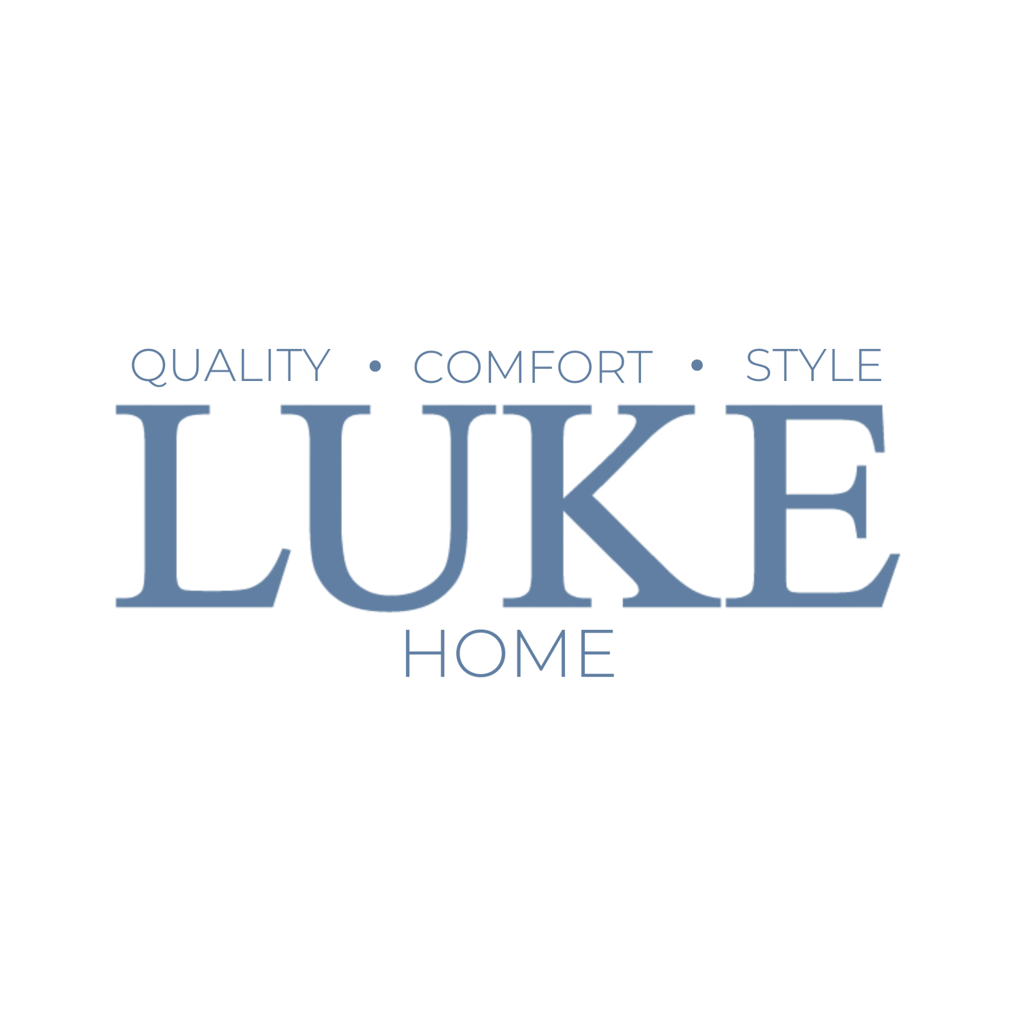 Text graphic with the words 'LUXE HOME' in large blue letters, and the words 'QUALITY', 'COMFORT', 'STYLE' above it, with dots between them. The background is black.