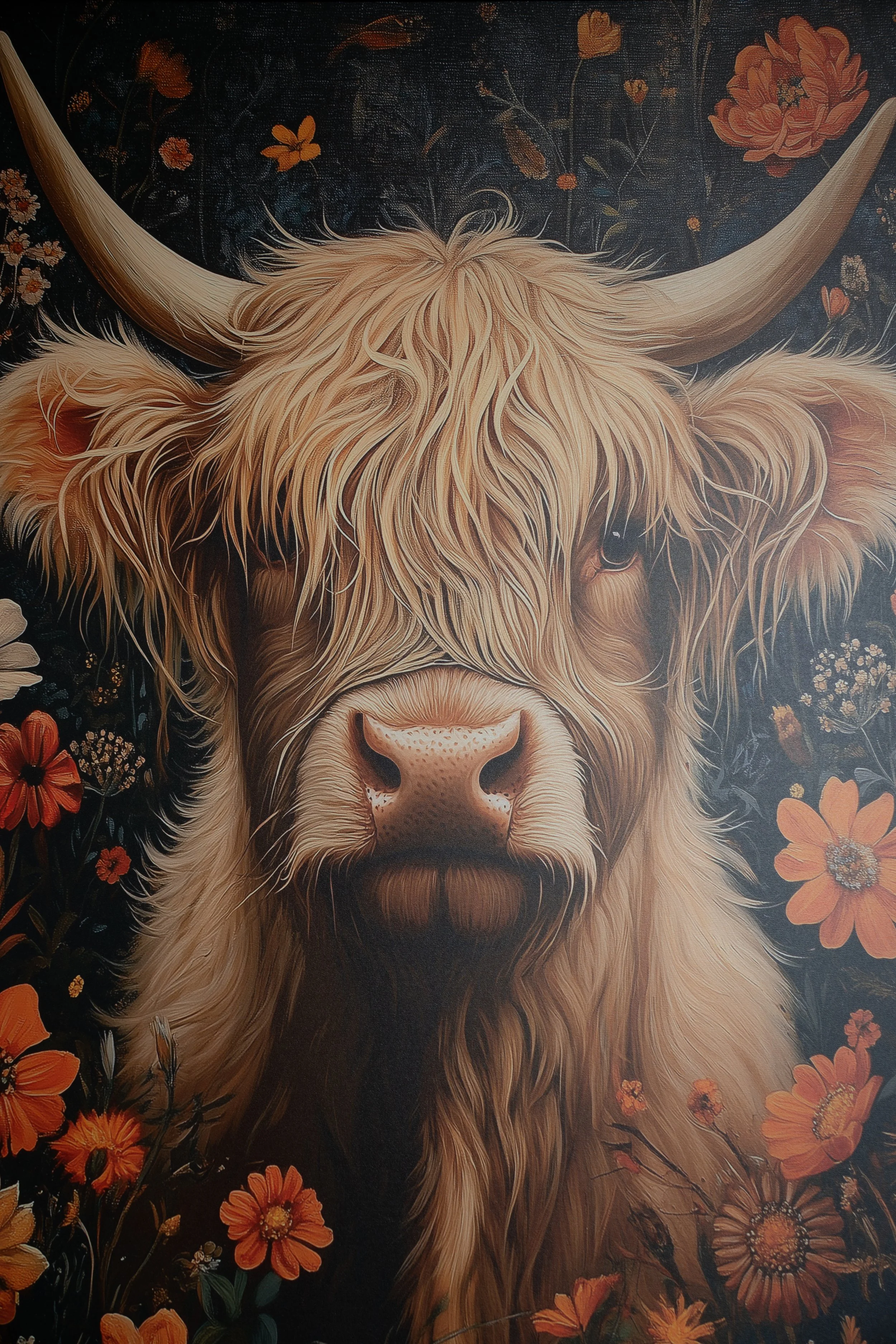 A detailed painting of a Highland cow, surrounded by orange and red flowers, with the cow's long hair covering one eye and large curved horns.