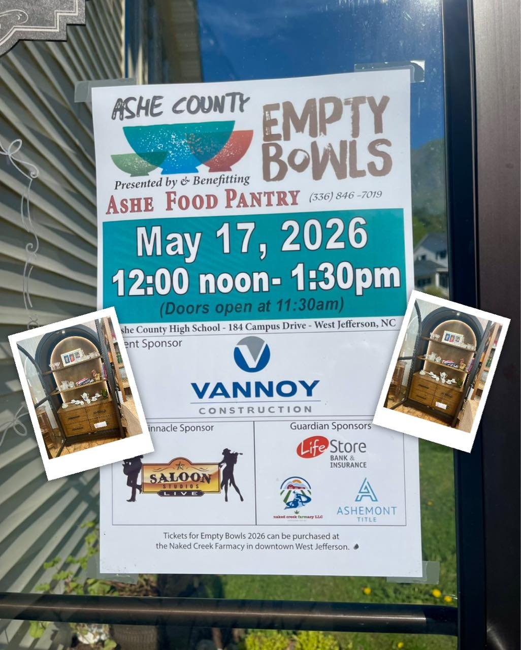 Jim&rsquo;s Corner Furniture is pairing with Empty bowls and Ashe Food Pantry to raise funds for our local valuable resource. 

We are pleased to announce 1 of 3 of our donations:
Display Cabinet made by Riverside
41&rdquo;x 18&rdquo;x 74&rdquo;

Com