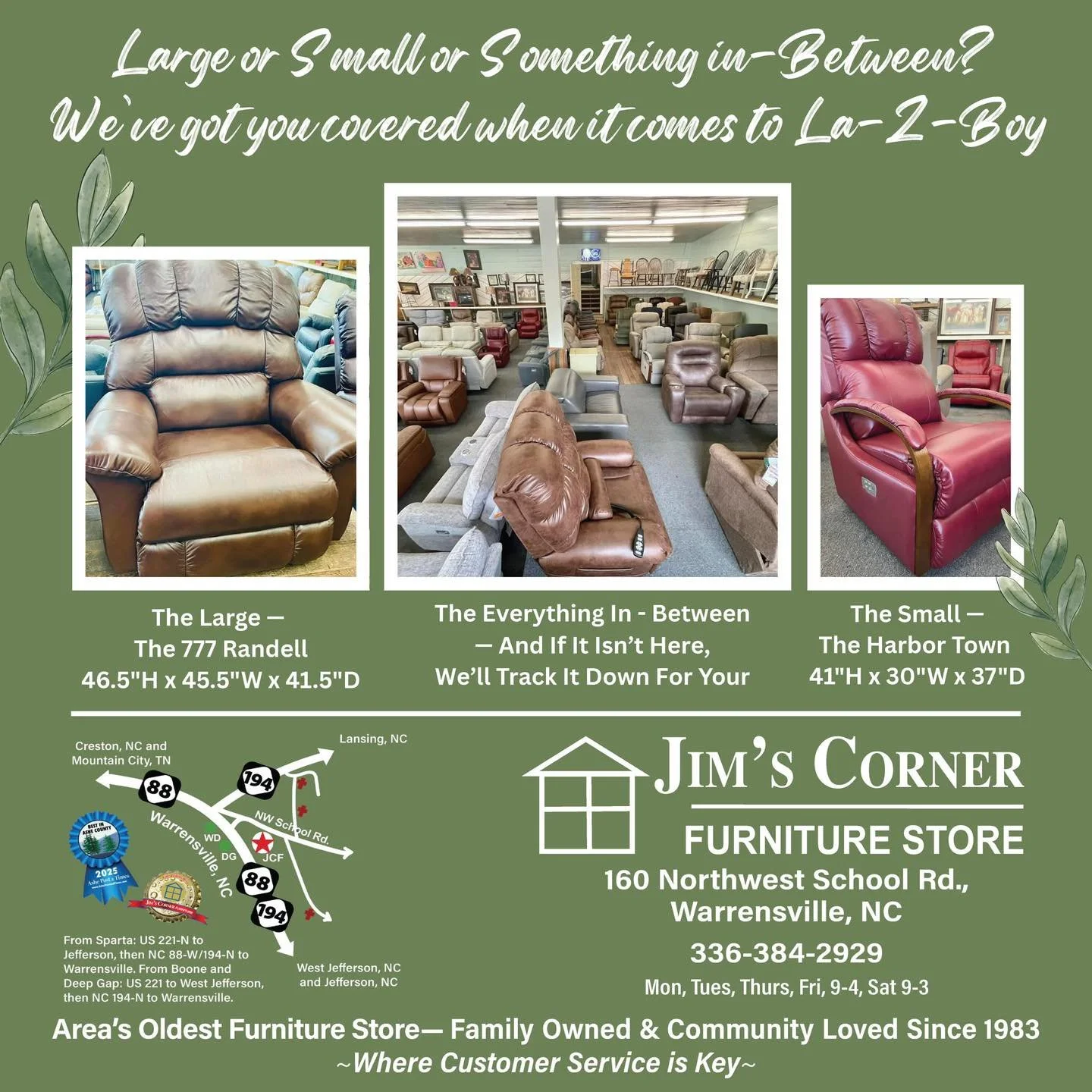Imagining a new chair for yourself?
Make it reality!
Shop local, at Jim&rsquo;s Corner, and let&rsquo;s set up a delivery for the newest seat in your house!