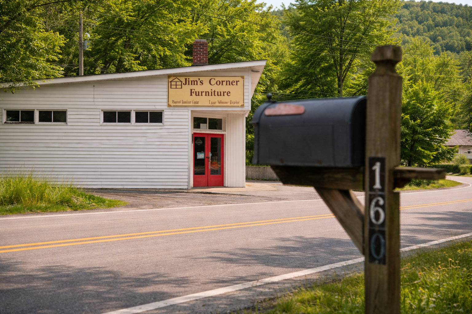 A white building with a sign that reads 'Jim's Corner Furniture' and a red door, situated near a two-lane road with a mailbox in the foreground and lush green trees in the background.