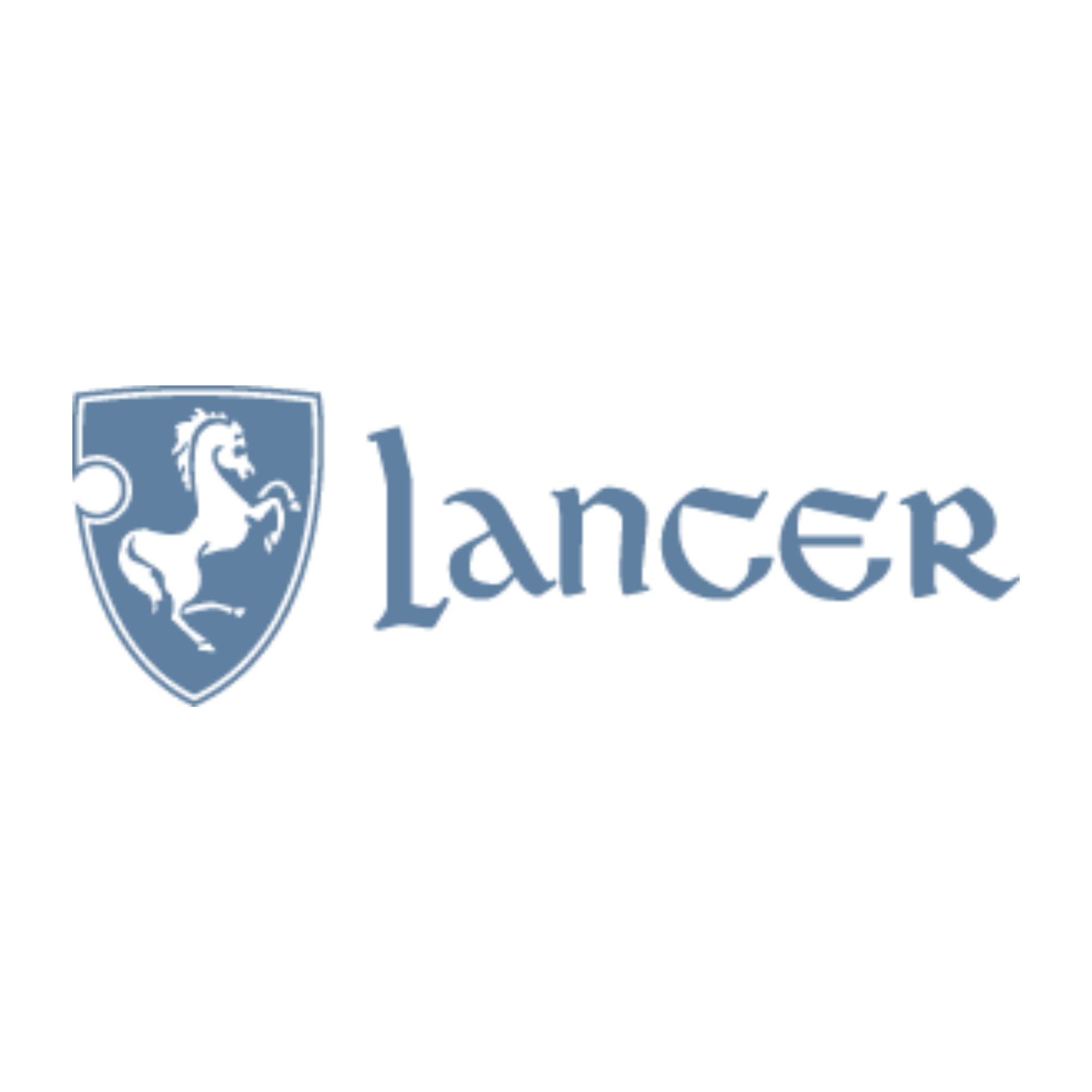 The image features a logo with a shield-like emblem on the left, containing a stylized lion's face in blue. To the right of the emblem, the word 'Lancer' is written in a matching blue, serif font.